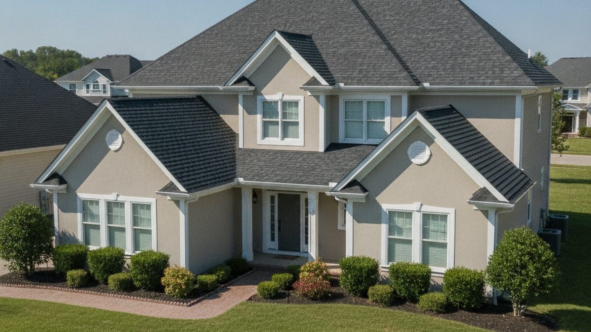 Roofing crew installing asphalt shingles